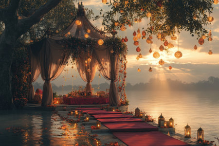 A serene lakeside setting adorned with lanterns and floral decorations, perfect for a romantic evening.の写真素材