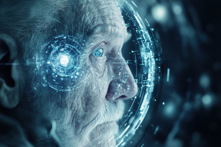 An elderly man gazes thoughtfully as digital effects surround him, illustrating the intersection of age and technology.の写真素材