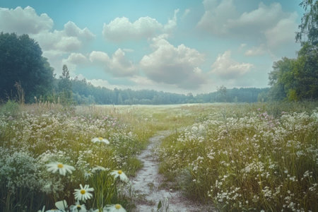 A serene hiking trail winds through a vibrant meadow filled with flowers, complemented by fluffy clouds above.の写真素材
