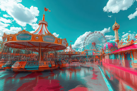 Crowds enjoy various rides at a vibrant amusement park under a bright blue sky filled with clouds.の写真素材