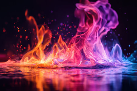 Flames in shades of orange, pink, and purple swirl above a glossy surface, creating a mesmerizing effect.の写真素材
