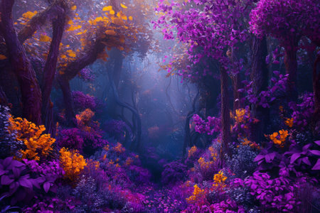 A stunning forest filled with purple foliage and bright flowers enveloped in a soft mist at dusk.の写真素材