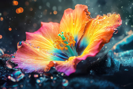 A stunning flower displays vibrant colors while droplets of water glisten on its petals, creating beauty.の写真素材