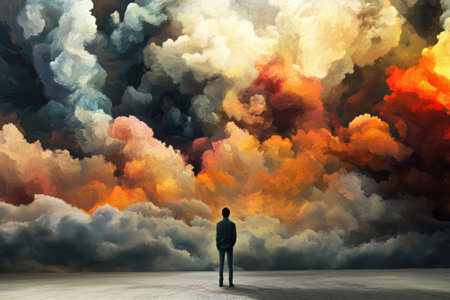 A figure stands alone, marveling at the vibrant, swirling clouds painted with shades of orange and black.の写真素材