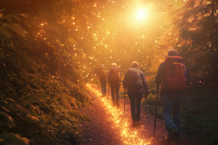 Groups of hikers trek along a forest trail, surrounded by glowing lights as the sun sets behind the trees.の写真素材