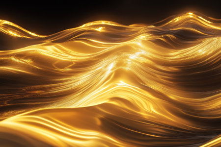 Radiant waves of gold flow smoothly, reflecting light, creating a stunning, serene atmosphere at twilight.の写真素材
