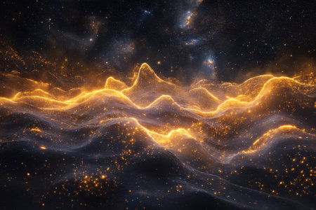 Swirling waves of golden light ripple across a dark cosmic background filled with stars.の写真素材