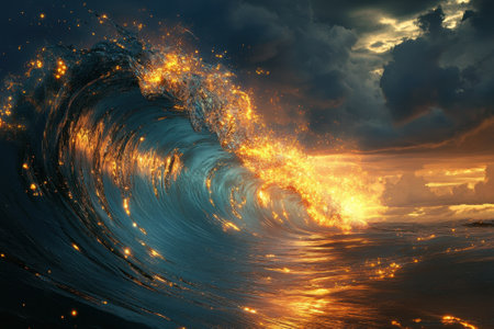 Fiery waves crash dramatically against the shore as a vibrant sunset paints the sky with colors.の写真素材