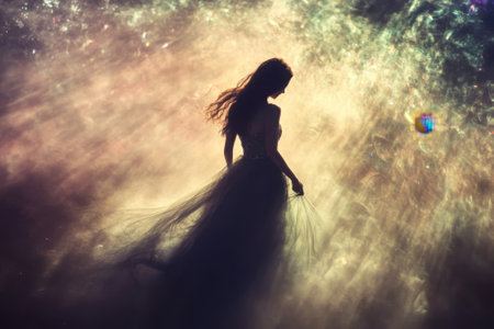 A dancer in a flowing gown gracefully moves through colorful mist, creating an enchanting atmosphere at dusk.の写真素材