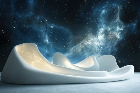Sculpture shaped like flowing waves glows softly in a cosmic setting illuminated by distant stars.の写真素材