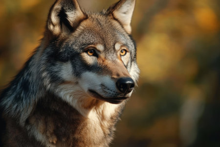 A wolf stands proudly in a colorful forest, its eyes locked on something beyond, embodying wilderness beauty.の写真素材