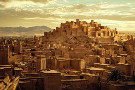 Golden rays of sunset illuminate an ancient city built on a hill, showcasing unique architectural structures.の写真素材