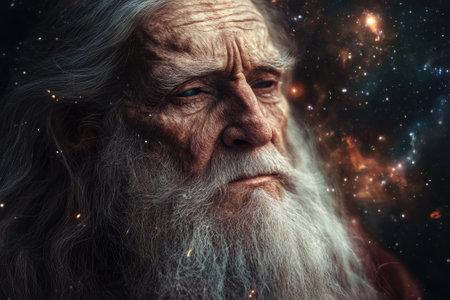 An elderly man with a long beard contemplates the universe, surrounded by a stunning cosmic backdrop.の写真素材