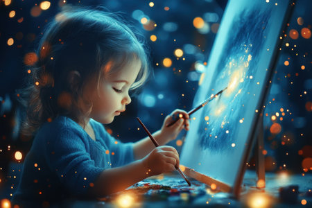 A young child sits focused on a canvas, painting a colorful galaxy in a magical atmosphere filled with sparkles.の写真素材