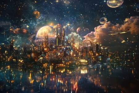 Brightly lit city towers rise against a starry sky filled with planets and galaxies, creating a captivating atmosphere.の写真素材