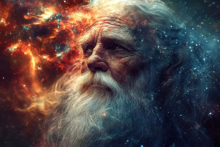 A wise-looking elderly man contemplates the universe with vibrant galaxies swirling around his head.の写真素材