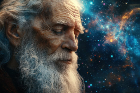 An elderly man with a long beard ponders deeply against a backdrop of swirling galaxies and stars.の写真素材