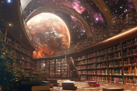 Shelves filled with books surround a stunning view of a galaxy and planet from a magical library.の写真素材