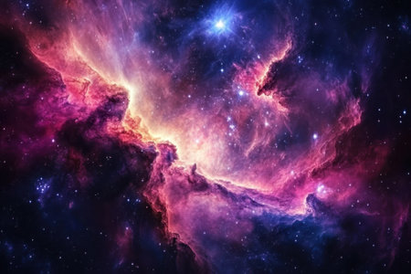 Glowing clouds of gas and dust swirl in vibrant colors, revealing the beauty of the universe.の写真素材