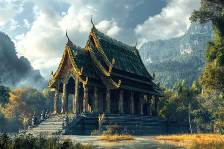 A beautiful temple rests among vibrant trees and towering mountains under a dramatic sky in the afternoon.の写真素材