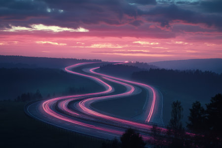 A winding highway is illuminated by vehicle lights against a backdrop of a stunning twilight sky.の写真素材