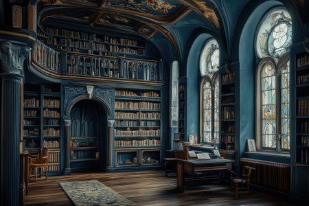A tranquil library features tall shelves filled with vintage books, elegant woodwork, and stained glass windows.の写真素材