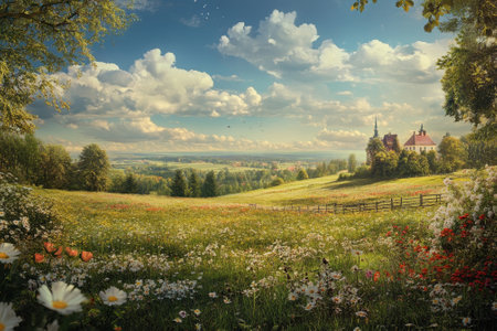 Beautiful green fields filled with wildflowers and a distant house under a clear sky with fluffy clouds.の写真素材