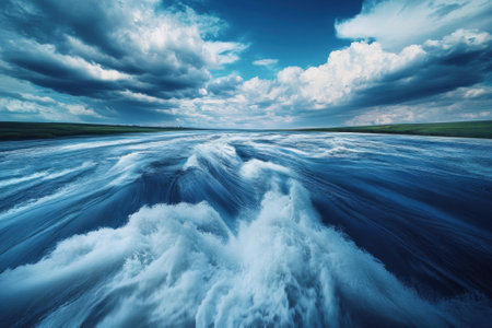 Fast-moving river displays whitecaps beneath a vast sky filled with clouds on a clear day.の写真素材