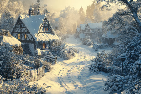 Quaint cottages line a snowy path, illuminated by soft light as dawn breaks in a peaceful winter landscape.の写真素材