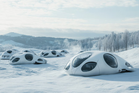 Unique snow-covered structures blend into a tranquil winter landscape under a pale sky.の写真素材