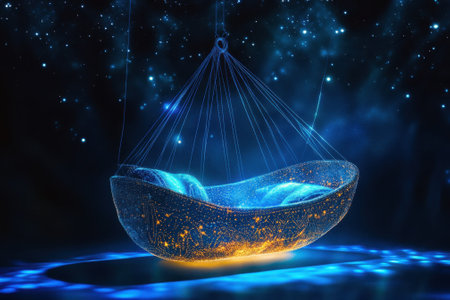 A hammock sways gently in mid-air, surrounded by sparkling lights in a dark, starry environment.の写真素材