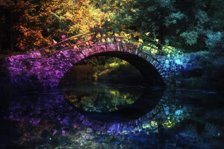 A vibrant stone bridge arches over calm water, reflecting bright autumn foliage and surrounding trees.の写真素材