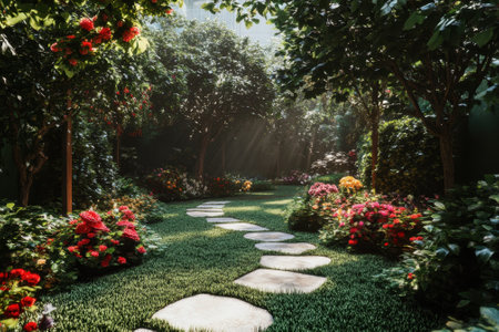 A peaceful garden features a stone pathway winding through colorful flowers and rich foliage under bright sunlight.の写真素材