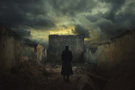 A lone figure in a long coat surveys desolate ruins as ominous clouds gather at dusk.の写真素材