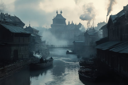 Fog envelops an ancient canal town at dawn, with traditional boats floating and smoke rising from chimneys.の写真素材