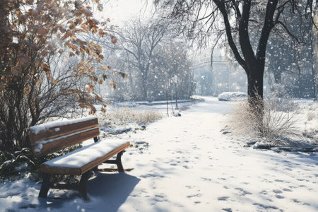 Snowflakes gently fall over a serene park with a bench next to a snowy path and trees in winter.の写真素材