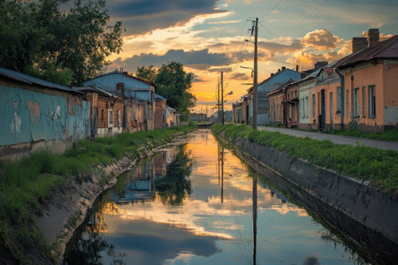 Sunset light casts a warm glow on a canal lined with historic homes in a serene neighborhood.の写真素材