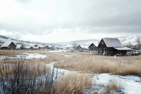 Snow covers the ground as old wooden houses stand quietly in a rural landscape surrounded by hills.の写真素材