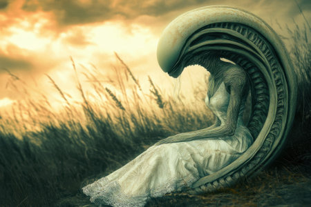 A surreal creature with an elongated head sits calmly in a grassy field during dusk, wearing a flowing white dress.の写真素材