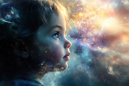 A young child stares with wonder at a vibrant cosmic scene filled with brilliant colors and starlight.の素材