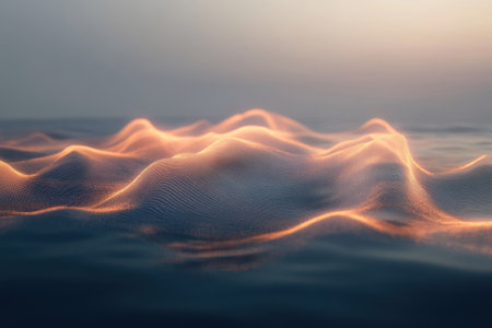 Gentle waves shimmer under the soft light of dawn, creating a tranquil and mesmerizing atmosphere on the water.の写真素材