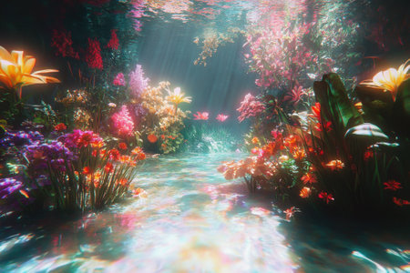 A vibrant underwater world with colorful flowers and soft sunlight, creating a serene ambiance.の写真素材