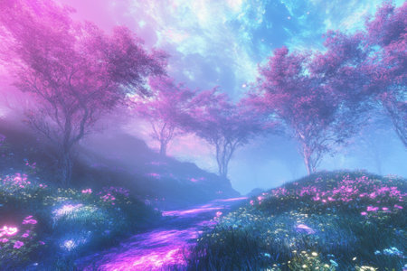 Lush pink trees line a serene stream flowing through a colorful, ethereal landscape at twilight.の写真素材