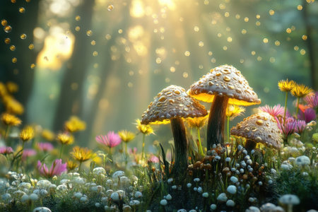 Glowing mushrooms emerge from the ground, surrounded by colorful flowers in a sunlit forest during dawn.の写真素材