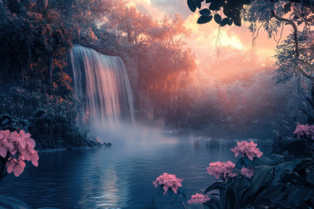 A vibrant waterfall flows into a calm lake, framed by colorful flowers under a stunning sunset sky.の写真素材