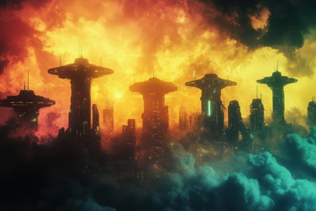 Tall, unusual buildings rise above ethereal clouds under a bright, fiery sky at twilight, creating a stunning vista.の写真素材