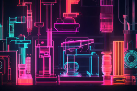 Neon-lit laboratory tools and instruments create a colorful display in a dark setting, showcasing advanced technology.の写真素材