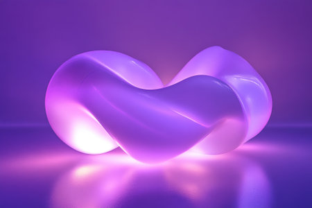 A beautifully shaped sculpture emits soft purple light, enhancing a contemporary interior space with elegance.の写真素材