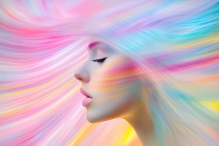 A woman shows off colorful, flowing hair that blends with pastel shades in an artistic portrayal.の写真素材