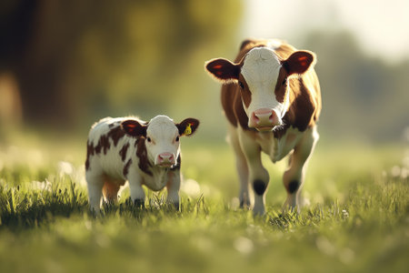 A mother cow and her calf walk closely together in a vibrant green field under warm sunlight.の写真素材
